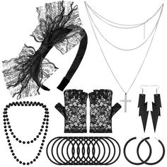 PRICES MAY VARY. GREAT VALUE SET – Paxcoo women’s 80s party accessories includes 1pcs lace headband, 2 pair of earrings in different styles, 1 pair fingerless fishnet gloves, 10pcs black bracelets, 1pcs metal necklace and 2pcs plastic necklaces. Great for 80's costume accessories and Halloween costume COMFORTABLE TO WEAR – The 80s black lace headband is made of lace and fabric, and the fishnet gloves are super stretchy, earrings and necklace beads are made of plastic, bracelet is made of silicon Punk Costume Accessories For Costume Party, Winter Costume Party Accessories, Elegant Winter Party Costume Accessories, Black Costume Accessories For Winter Parties, Black Punk Costume Accessories For Party, Punk Style Black Costume Accessories For Party, Retro Jewelry For Parties, Vintage Jewelry For Holiday Parties, Vintage Holiday Jewelry For Party