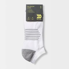 Why we're ALL IN: Designed for workouts, long commutes and everyday wear, these no-show socks are made from a soft cotton and recycled polyester blend with added spandex for cool comfort and flexible movement. The pack includes 6 pairs of tagless socks in a solid color with contrasting stripes on the arches. The no-show design allows for confident wear with shoes of all types. All in Motion™: Made for every move, priced for every day. Fade-resistant Stretch Sports Socks, Sporty Breathable Stretch Socks, Sporty Stretch Breathable Socks, Breathable Stretch Sporty Socks, Sports Stretch Socks Fade-resistant, Sporty Moisture-wicking Stretch Socks, Sporty Stretch Moisture-wicking Socks, White Stretch Sweat-resistant Socks, Comfortable Moisture-wicking Sporty Socks