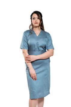 Women's Dress: Blue A.F. Rich styling Pleasant Cotton prime All weather, Multi functional dress Easy Slip Closure Belt of same fabric Pockets at both sides SizeBust   WaistLength    Hips   Across       Sleeve                                                            Shoulder    Length M 38.0    32.0  42.040.0     14.5          10.0 L 40.0    34.0  42.042.0     15.0      10.0 Ind    S            M              L              XL US     4            6               8             10 Fabric: Cotton Solid V-neck Dress With Side Pockets, V-neck Dresses With Side Pockets, Light Blue V-neck Dress With Pockets, Light Blue Short Sleeve Midi Dress For Work, Blue Short Sleeve Dress With Side Pockets, Blue V-neck Dress With Pockets, Elegant V-neck Dresses With Side Pockets, Light Blue Knee-length Midi Dress For Work, Fitted Blue Dresses With Side Pockets