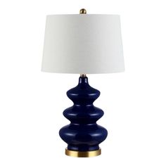 a blue lamp with a white shade on it