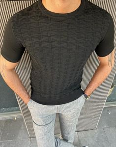 Collection : SPRING / SUMMER 22-23Color : Black Material Content: % 85 cotton % 15 elestan Available size: S-M- L -XL- XXL Knitted Shirts, Knit Summer, Mens Fashion Smart, Men Stylish Dress, Guys Clothing Styles, Summer 22, Casual Summer Shorts, Summer Ideas, Knit Tees