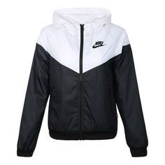 Nike Splicing Sports Hooded Jacket Breathable Black AR3093-010 (Women's) White Hooded Windbreaker For Gym, Hooded Nylon Track Jacket, White Windbreaker With Contrast Color For Fall, White Contrast Color Windbreaker For Fall, Nike Nylon Hooded Jacket In Athleisure Style, Nike Nylon Athleisure Hooded Jacket, Nike Athleisure Nylon Hooded Jacket, White Patchwork Track Jacket For Outdoor, Sports White Track Jacket With Contrast Panels