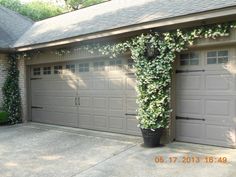 a house with two garage doors covered in vines