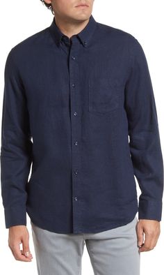 Nordstrom Trim Fit Solid Linen Button-Down Shirt | Nordstrom Clothing Nordstrom, Trim Fit, Navy Blazer, Button Down Collar, Cut Shirts, Every Color, Nordstrom Store, Curator Style, Chest Size