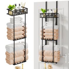 two racks with towels hanging on the wall and one holding folded towels in front of it