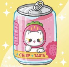 a cartoon cat in a strawberry - filled jar with the words crisp taste on it