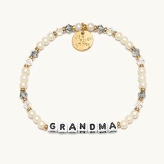 Gift your grandma a handcrafted beaded bracelet to thank her for year after year of wisdom and affection. Now, she can wear your love around her wrist every day. Details: Hand-crafted, faux pearl and crystal beaded bracelet Plated brass hardware Elastic stretch bracelet Handle with care - do not wet Sizing: S/M fits up to 6.25" Engagement Games, Little Words Project, Grandma Bracelet, Strand Of Pearls, Chicago Gifts, Miscellaneous Gifts, Family Bracelets, Word Bracelet, String Of Pearls