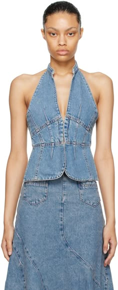 Non-stretch denim corset-style camisole. Fading throughout. · Paneled construction · Halter neck · Hook-eye closure at front and back · Low back · Contrast stitching in tan Supplier color: Blue Designer Tops For Women, Denim Corset, Blue Ring, Denim Diy, Designer Tops, Tank Top Camisole, Denim Details, Corset Style, Tops For Women