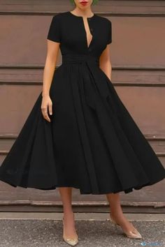 OrcaJump - Stylish Black Casual Button-Up Dress with Patchwork Detail, Belt, and Short Sleeves Belt Shirt, Solid Maxi Dress, Look Casual Chic, Maxi Sundress, Dress Sleeve Styles, Belted Midi Dress, Short Sleeve Maxi Dresses, Dress Yellow, Patchwork Dress