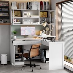 a desk with a computer on top of it in front of a book shelf filled with books