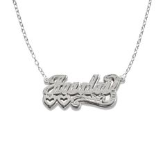 "This Necklace is a great present for everyone! It's a customized necklace. You can add name or any word. The necklace is going with rolo chain (16\", 18\", 20\"). The approximate weight is: - 6gr in Large size - 5gr in Small size The nameplate necklace available in 2 sizes: - 45mm (1.75\") length x 17mm (0.60\") height - 35mm (1.30\") length x 15mm (0.50\") height  Order this perfect personalized necklace today!" Personalized Sterling Silver Name Necklace For Anniversary, Custom Name Silver Necklace For Anniversary Gift, Engraved White Gold Nameplate Necklace, Engraved White Gold Custom Nameplate Necklace, Silver Heart-shaped Custom Name Necklace, Silver Heart Shaped Custom Name Necklace, Custom Name Heart-shaped Silver Necklace, Engraved White Gold Name Necklace For Anniversary, Valentine's Day Personalized Silver Necklace