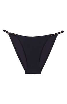 These seamless low-waist bikini bottoms heat up the beach with knotted hip straps accented by golden beads that shine under the sun. Moderate back coverage Lined 84% polyamide, 16% elastane Hand wash, dry flat Made in Brazil Hispanic & Latinx Owned/Founded Gold Bottoms For Beach Season, Gold Tie-side Bottoms For Beachwear, Gold Tie-side Bottom Swimwear For Swimming, Gold Tie-side Bottom Swimwear For Pool, Gold Tie-side Swimwear For Pool, Gold Tie-side Bottoms For Summer, Elegant Tie-side Bottoms For Poolside, Gold Beachwear Bottoms For Vacation, Gold Tie-side Swimwear For Beach Season