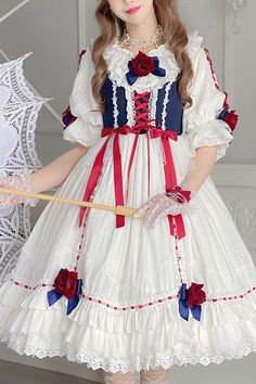 SKU: LIN00517 Fabric: Polyester Style types: Sweet Lolita Season: Spring, Summer, Autumn, Winter Notice: Blouse is included. Dress Size Chart(IN) Dress Size(IN) Bust Hem Width Length S 31.89-37.80 96.85 36.61 M 33.46-39.37 98.43 37.40 L 35.04-40.94 100.00 38.19 Blouse Size Chart(IN) Blouse Size(IN) Bust Shoulder Width Sleeve Length Length S 35.43 14.57 9.45 20.47 M 37.01 14.96 9.84 20.87 L 38.58 15.35 10.24 21.26 Harajuku Doll Collar Summer Dress, Summer Doll Collar Dress For Costume Party, Doll Collar Dress For Summer Costume Party, Summer Costume Party Dress With Doll Collar, White Short Sleeve Harajuku Dress, White Harajuku Dress With Doll Collar, White Harajuku Short Sleeve Dress, Blue Harajuku Dress For Summer, White Harajuku Style Short Sleeve Dress