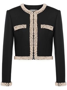 black virgin wool faux-pearl embellishment collarless two chest welt pockets straight hem cropped Elegant Outerwear With Embellished Collar For Work, Elegant Black Cropped Jacket, Moschino Blazer, Moschino Jacket, Cropped Black Jacket, Embroidered Text, City Dress, Twill Weave, Blazer Black