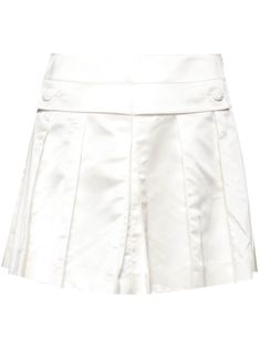 white silk satin finish fully pleated embossed tonal buttons strap detailing mid-rise concealed side zip fastening unlined straight hem thigh-length Elegant Summer Bottoms With Accordion Pleats, Elegant Short Pleated Skirt For Work, Chic Formal Short Pleated Skirt, Elegant Spring Bottoms With Folds, Elegant Short Skirt With Accordion Pleats, Spring Formal Short Pleated Skirt, Elegant Fitted Short Pleated Skirt, Elegant White Pleated Skirt For Parties, Elegant White Pleated Party Skirt