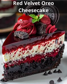 a slice of red velvet oreo cheesecake on a white plate