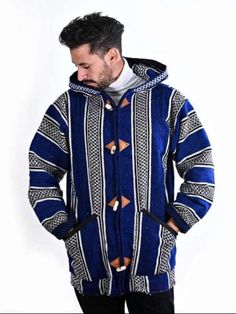 Moroccan Djellaba Cardigan kaftan for men, Traditional Moroccan Sweater for Men, Striped color scheme Djellaba Cardigan is a Moroccan traditional sweaters, characterized by its weight because it is made to protect the Amazigh people of the region against the cold during the winter.  Almost all djellabas of both styles (male or female) include a baggy hood called QOB (Arabic: قب) that comes to a point in the back. The hood is of vital importance to both sexes because it protects the user from the Traditional Hooded Outerwear For Festival, Bohemian Hooded Outerwear With Pockets, Blue Bohemian Outerwear With Pockets, Traditional Winter Outerwear With Pockets, Traditional Long Coat For Winter, Traditional Hooded Winter Outerwear, Bohemian Blue Hooded Outerwear, Blue Bohemian Hooded Outerwear, Blue Long-sleeve Outerwear For Festivals