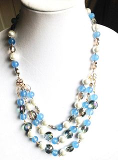 Handmade beaded Blue crystal necklace, pearl and crystal necklace, statement blue pearl necklace, mu Elegant Light Blue Beaded Chain Necklaces, Elegant Light Blue Beaded Chain Necklace, Blue Pearl Necklace With Colorful Beads, Blue Pearl Necklaces With Colorful Beads, Elegant Blue Pearl Necklace With Colorful Beads, Multi-strand Pearl Beaded Necklace With Faceted Beads, Elegant Blue Pearl Beaded Necklaces, Elegant Blue Beaded Pearl Necklace, Blue Pearl Jewelry With Colorful Beads