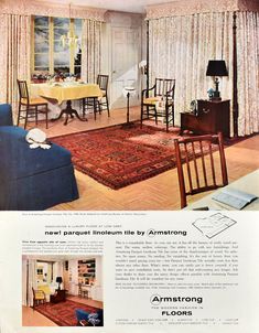 an advertisement for the new parquet furniture line by american rugs, featuring a living room and dining room