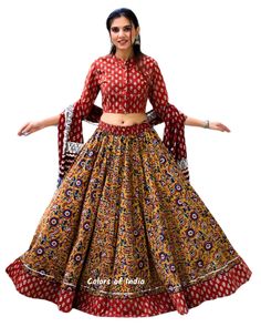 Cotton Lehenga Choli ,  Lehenga Choli  for Women , Long Skirts for Summer , Cotton Skirts for Women , FREE SHIPPING This is a beautiful  100 % cotton  Bagru Printed  designer top  and skirt  with mul mul  dupatta  Bagru print is a form of hand block printing done by natural colours . This particular art of printing employs wooden or metal blocks to print designs and patterns on fabrics by hand . MATERIAL  : 100 % Cotton  MEASUREMENTS : Tops - 34 Inches to  46 Inches   ( You can choose the chest size  from the drop down menu on the right hand side )   Top Length -  16 - 17 Inches  Skirt Length -  40 Inches  Skirt Circle -  5.5 Mtrs (  28 Kali )  Dupatta -  2.5  Mtrs  PLEASE NOTE : 1.  Please note that while we do our best to accurately present all our products, due to differences in lightin Festival Skirt With Pallu, Fitted Bohemian Sets For Navratri, Bohemian Fitted Sets For Navratri, Fitted Full Length Sets For Navratri, Fitted Full-length Sets For Navratri, Multicolor Fitted Long Wrap Skirt, Fitted Sets With Long Skirt For Festivals, Traditional Sets With Flared Skirt For Festivals, Traditional Flared Skirt Sets For Festivals