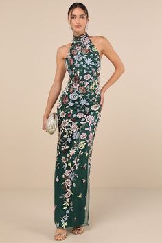 Floral Embroidered Wedding Dress, Formal Outfits For Women, High Neckline Dress, Floral Applique Dress, Green Formal Dresses, Casual Formal Dresses, Column Skirt, Formal Outfits, Halter Maxi Dress