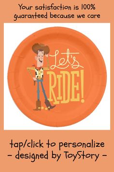 a paper plate with the words let's ride on it and an image of a cartoon character