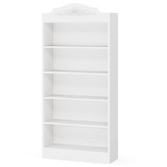 a white bookcase with four shelves on each side