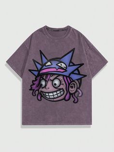 a purple t - shirt with a cartoon character on it