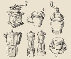 coffee grinder and cups hand drawn set