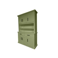 a green cabinet with two doors and drawers