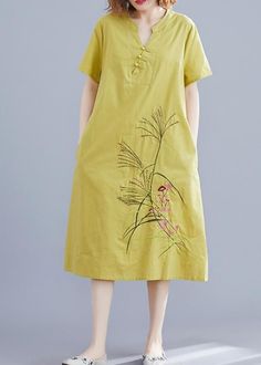 1 2 3 4 5 Yellow Casual Linen Dress For Spring, Casual Yellow Linen Beach Dress, Yellow Linen Short Sleeve Dress For Summer, Yellow Casual Linen Dress For Summer, Casual Yellow Linen Summer Dress, Casual Yellow Linen Dress For Summer, Spring Casual Linen Dress With Floral Embroidery, Casual Linen Embroidered Dress, Casual Embroidered Linen Dress