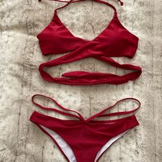 Wrap Around Ties W/ Brazilian Cut String Bikini Bottoms Red Strappy Summer Swimwear, Red Strappy Swimwear For Summer, Red Strappy Swimwear For Vacation, Red Strappy Swimwear For Beach Season, Red Strappy Beachwear Swimwear, Strappy Red Swimwear For Pool, Red Strappy Swimwear, Strappy Stretch Red Swimwear, Aesthetic Swimsuit