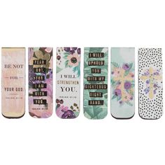 five different types of socks with flowers and words on them, all in different colors