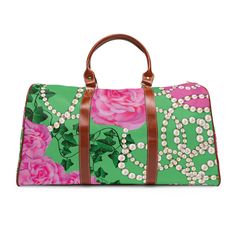 "Pink, Green and Pearls Waterproof Travel Bag / AKA Overnight Weekender Bag / 1908 Pretty Girl Tote Bag / AKA Sorority Women's Gift This personalized travel bag is all about style. Made with high-grade waterproof fabric, it's a highly durable means of transferring your essentials wherever you go. With multiple compartments, a resilient carrying handle, and an adjustable shoulder strap, it's the perfect companion for all your Pretty Girl adventures. Details: .: 100% high-grade PU leather .: One s Luxury Green Travel Bag For Daily Use, Green Satchel Travel Bag With Luggage Sleeve, Green Shoulder Bag With Luggage Sleeve For Overnight Trips, Green Tote Shoulder Bag For Overnight Trips, Green Duffle Bag With Luggage Sleeve, Green Tote Travel Bag With Luggage Sleeve, Green Rectangular Weekender Bag With Luggage Sleeve, Green Tote Bag For Overnight Trips, Green Tote Weekender Bag For Overnight Trips