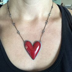 large red enamel heart set in oxidized sterling silver with handmade oxidized sterling silver chain and clasp. 1.5” x 1.25” x19” Red Sterling Silver Necklace With Oxidized Finish, Big Necklaces, Big Necklace, Dope Jewelry, Enamel Necklaces, Funky Jewelry, Jewelry Lookbook, Oxidized Sterling Silver, Jewelry Inspo