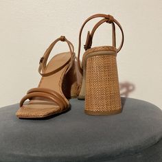 Beautiful Brown Block Heel With Woven Fabric Sandals Sam Edelman New York Summer T-strap Sandals With Heel Loop And Block Heel, Spring T-strap Sandals With Stacked Heel And Ankle Strap, Chic T-strap Sandals With Block Heel For Summer, Summer Formal T-strap Sandals With Round Toe, Brown High Heel T-strap Sandals For Summer, Brown T-strap Sandals With Heel Strap And Open Toe, Summer Brown High Heel T-strap Sandals, High Heel Synthetic T-strap Sandals For Summer, Leather High Heel Sandals For Summer