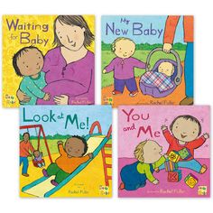 four children's books with pictures of babies on them and the words, waiting for baby, new baby, look at me, you and me