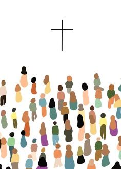 a large group of people standing in front of a cross on a white background with the word jesus written below it