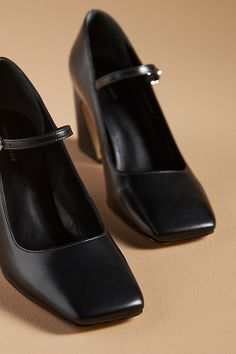 Leather upper, insole, sole Buckle styling Imported | Square-Toe Mary Jane Heels by Anthropologie in Black, Women's, Size: 8, Leather Black Mary Jane Heels Outfit, Fall Wedding Guest Shoes, Women’s Dress Shoes, Mary Jane Heels Outfit, Heels With Tights, Business Heels, Independent Girl, Small Heel Shoes, Black Mary Janes