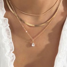 Fashion Gold Plated Waterdrop Three Layer Necklace Snake Chain Women Jewelry Hot Snake Chain Layering, Elegant Necklace Stack, Gold Drop Chain Necklaces, Gold Drop Necklace With Chain, Gold Necklace Stacks, Necklace Stacking Gold, Layered Necklaces Gold, Jewellery Layering, Three Layer Necklace