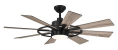 a ceiling fan with four wooden blades on the top and one light on the bottom