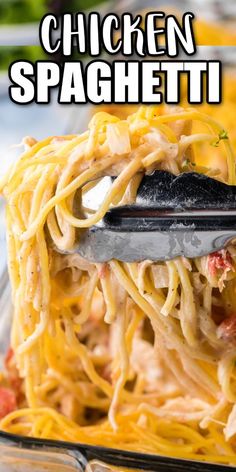 a fork full of chicken spaghetti in a glass casserole dish with text overlay