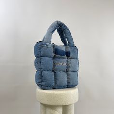 Boss Up Denim Puffer Bag Rework Denim, Denim Bags From Jeans, Puffer Bag, Denim Bag Diy, Reworked Denim, Best Tote Bags, Upcycled Bag, Garment Industry, Denim Tote Bags