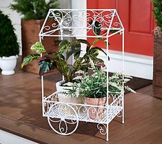 a white metal plant stand with potted plants in it on a wooden table next to a red door