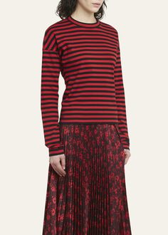 "Find PLAN C Riga Marinaio Striped Jersey Long-sleeve Shirt on Editorialist. Plan C \"Riga Marinaio\" shirt in striped jersey Crew neckline Long sleeves Drop shoulders Relaxed fit Pullover style Viscose/cotton/polyester Made in Italy" Designer Long Sleeve Red Top, Designer Red Long Sleeve Tops, Designer Red Tops For Fall, Red Stripes Top, Striped Jersey, Latest T Shirt, Riga, Knitted Tshirt, Cotton Blouses