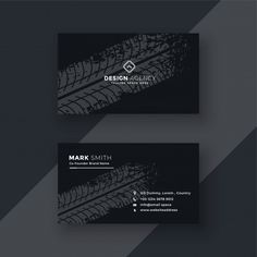 two black and white business cards with an abstract tire pattern on the front, back and sides