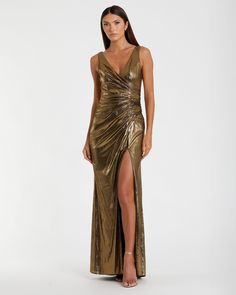 Metallic Ruched Front Slip V-Neck Gown Glamorous Ruched V-neck Evening Dress, Mac Duggal Dress, Midi Bridesmaid Dress, Wedding Mother Of The Bride, Dessy Collection, Girls Dress Shop, Mac Duggal Dresses, Bridal Shower Dress, Wedding Dress Accessories