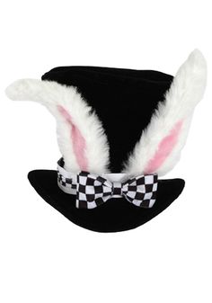 a black hat with white rabbit ears and a checkered bow tie