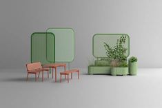 an assortment of green and orange furniture in front of a gray wall with plants on it