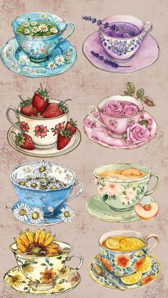 tea cups and saucers with strawberries, lemons, roses, and daisies on them